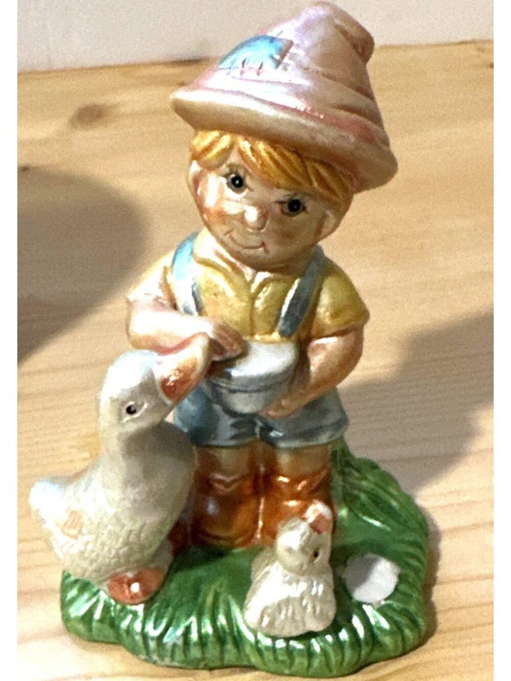 Cottagecore Country Boy Figurine Farmer Folkelore Goose Gosling Flawed